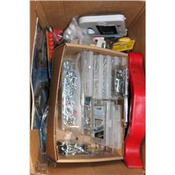 BOX WITH ASSORTED HARDWARE, DRILL BITS, DRILL,