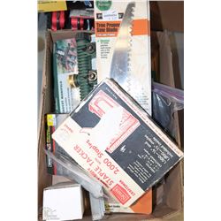 BOX OF LAWN CARE ITEMS, STAPLES