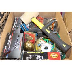 BOX WITH ASSORTED HARDWARE TOOLS, DOWEL PLUG