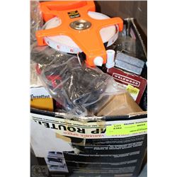 BOX OF MISC ITEMS, TAPE MEASURES AND NAILS