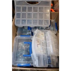 BOX OF ASSORTED CLEAR BINS WITH NUTS+BOLTS,ETC