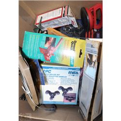 BOX OF ASSORTED HARDWARE AND TOOLS