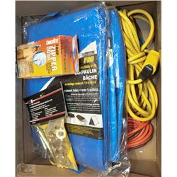 BOX WITH EXTENSION CORDS, TARPS, TARP REPAIR KITS