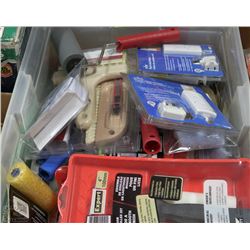 BOX WITH PAINTING SUPPLIES, LIGHTING TIMERS ETC