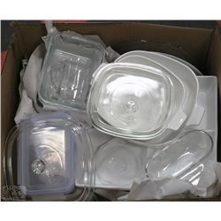 LARGE BOX OF PYREX DISHES, CORNINGWARE ETC