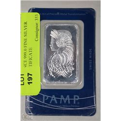 SWISS 1 OUNCE 999.0 FINE SILVER BAR W/ CERTIFICATE