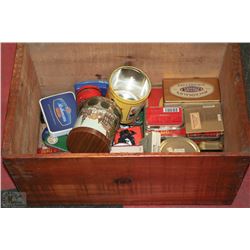 WOODEN BOX WITH VINTAGE TINS COLLECTIBLES INCL.