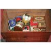 Image 1 : WOODEN BOX WITH VINTAGE TINS COLLECTIBLES INCL.