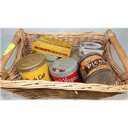 WICKER BASKET WITH ORIGINAL TOBACCO TINS (7QTY)
