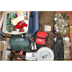 PALLET OF TOOLS, CAMPING SUPPLIES, COOKING POTS,