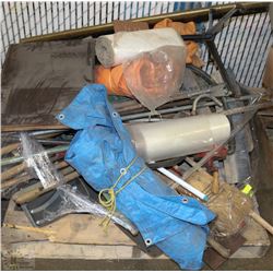 PALLET WITH YARD TOOLS INCLUDING SHOVELS, RAKES,