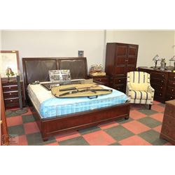 KING SIZE DARK WOOD BEDROOM SUITE WITH BED FRAME,