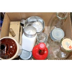 BOX OF VINTAGE ITEMS; MILK JUGS, MINI CROCK, MILK