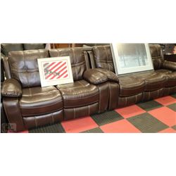 BROWN LEATHERETTE RECLINING SOFA AND LOVE SEAT