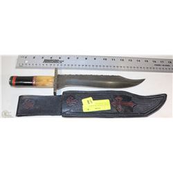 9" KNIFE WITH BLACK AND BONE HANDLE IN SHEATH