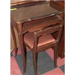 WOOD WRITING DESK W/ GLASS TOP AND CHAIR