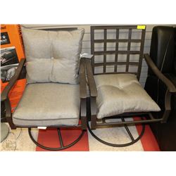 2 SWIVEL PATIO CHAIRS WITH 1 BACK CUSHION MISSING