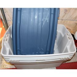 SET OF 4 LARGE RUBBERMAID TOTES WITH HINGED LIDS
