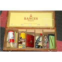 BANCES WOODEN BOX FILLED WITH ASSORTED VINTAGE