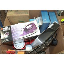 BOX WITH STEAM IRON, AND ASSORTED KITCHEN ITEMS