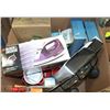 Image 1 : BOX WITH STEAM IRON, AND ASSORTED KITCHEN ITEMS