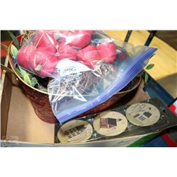 HOME DECOR LOT WITH METAL BASKET FULL OF GRAPEVINE