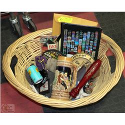 WICKER BASKET WITH VINTAGE BEER TAP, FULL CAN OF