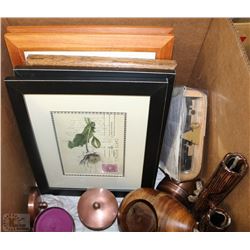 BOX OF ASSORTED PICTURES, SCENTED PATIO COPPER