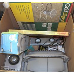 BOX WITH SMALL STEREOS, LAMP, GOLF DIGEST