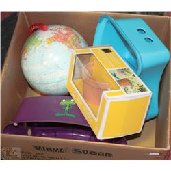 BOX WITH 2 KIDS STOOLS , GLOBE AND NEW MINI BUG