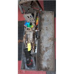 TOOL BOX WITH CONTENTS, ANTIQUE WOOD PULLEY AND