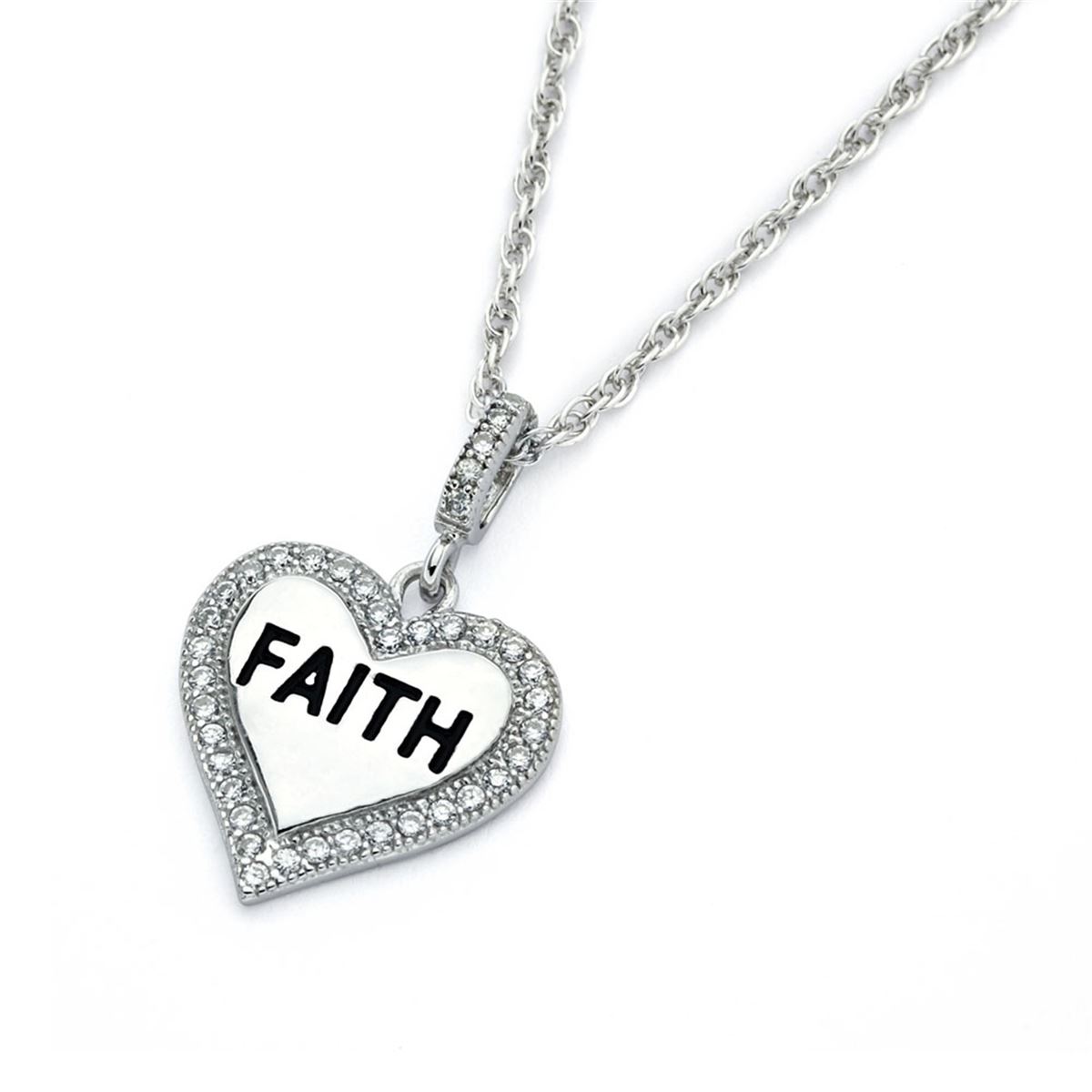 Sterling Silver Rhodium Plated Clear CZ Faith Heart Pendant Necklace