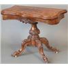 Image 1 : A Victorian figured walnut and floral marquetry card table, with serpentine top on floral carved...