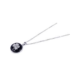 Sterling Silver Rhodium Plated Onyx Clover Pendant Necklace - stp00650