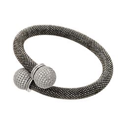 Sterling Silver Rhodium Plated Clear Micro Pave Ball CZ Thick Bracelet ECB015BLK