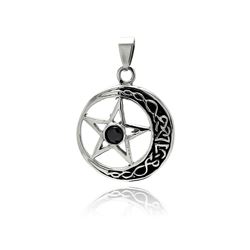 Stainless Steel Black Rhodium Plated Moon Star Black Crystal Charm Pendant ssp00288
