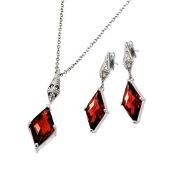 Sterling Silver Rhodium Plated Clear Inlay Red Diamond Shaped CZ Dangling Stud Earring & Dangling Ne