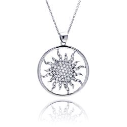 Sterling Silver Clear CZ Rhodium Plated Round Tribal Design Pendant Necklace stp00009