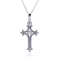 Sterling Silver Clear CZ Rhodium Plated Fancy Cross Pendant Necklace stp00111