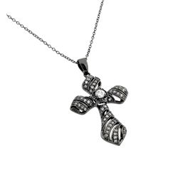 Sterling Silver Black Rhodium Plated Clear CZ Stone Cross Pendant Necklace bgp00859