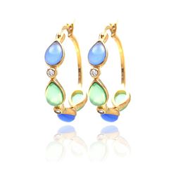 Sterling Silver Gold Rhodium Plated Round Teardrop Multicolor CZ Hoop Earring ste00708