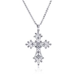 Rhodium Plated Brass Filigree Cross Outline Clear CZ Pendant Necklace bbp00059