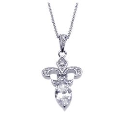 Sterling Silver Rhodium Plated Clear CZ Flor De Lis Pendant Necklace stp00852