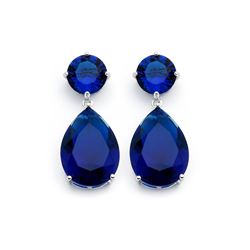 Sterling Silver Rhodium Plated Round Teardrop Blue CZ Dangling Stud Earring bge00858blue
