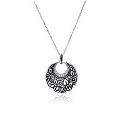 Rhodium Plated Brass Open Flower Disc Clear CZ Pendant Necklace bbp00048