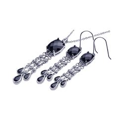 Sterling Silver Rhodium Plated Black & Clear Rectangle Tear Drop CZ Dangling Hook Earring & Dangling