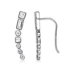 Sterling Silver Rhodium Plated Baguette And Round CZ Climbing Earrings - STE01068
