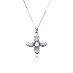 Sterling Silver Rhodium Plated Flower CZ Center PearlNecklace bgp00432