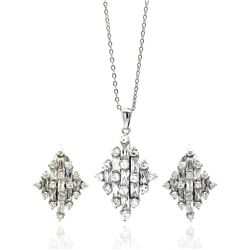Rhodium Plated Brass Diamond Shaped Clear CZ Stud Earring & Necklace Set bbs00009