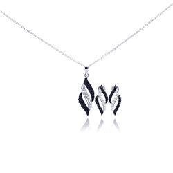 Sterling Silver Rhodium Plated Black & Clear Stripe CZ Stud Earring & Necklace Set sts00311